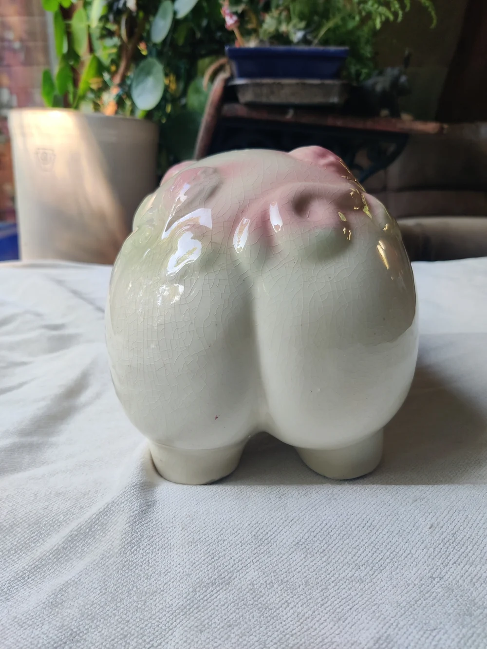 50s Large Piggy Bank Smiley Eyelashes Ribbon Lucky Shamrocks Clover Kitsch 7x13